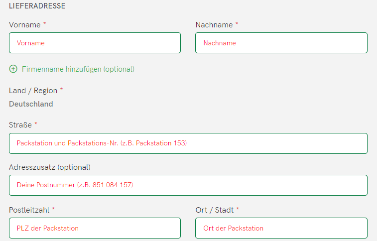 Anleitung zum Ausfüllen des Bestellformulars für Lieferungen an eine Packstation
