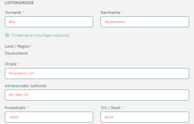 Beispiel zum Ausfüllen des Bestellformulars für Lieferungen an eine Packstation