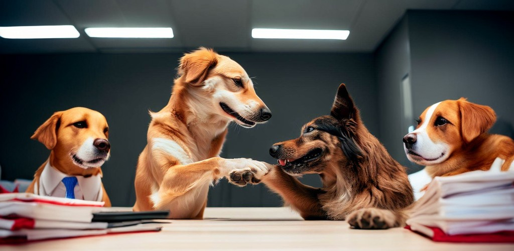 4 Hunde am Meeting-Tisch die PETBO-Partner-Vertrag unterschreiben