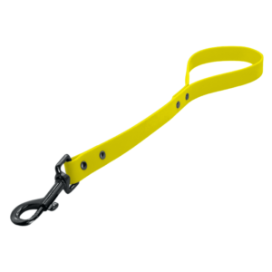 Biothane Kurzführer mit 40cm Länge in neon-gelb mit Metallteile in schwarz