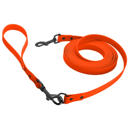 Biothane Schleppleine mit 30cm Kurzführer in orange mit Metallteile in schwarz