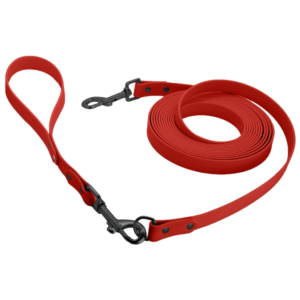 Biothane Schleppleine mit 30cm Kurzführer in rot mit Metallteile in schwarz