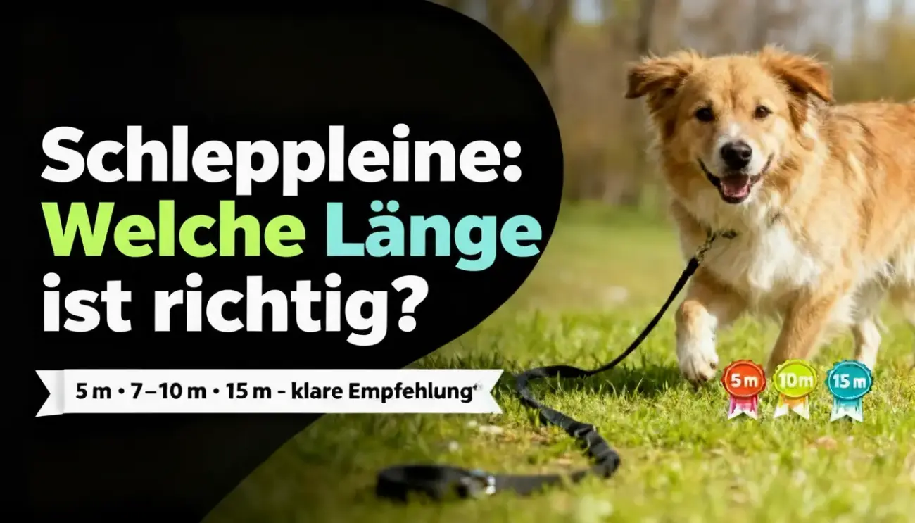 Hund mit Schleppleine auf Wiese, Text "Schleppleine - welche Länge ist richtig?"