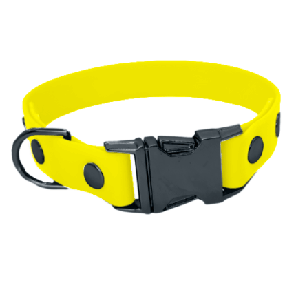 Biothane Halsband mit Klickverschluss in neon-gelb mit Metallteile in schwarz