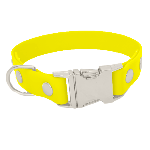 Biothane Halsband mit Klickverschluss in neon-gelb mit Metallteile in silber