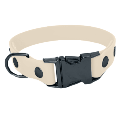 Biothane Halsband mit Klickverschluss in weiß mit Metallteile in schwarz