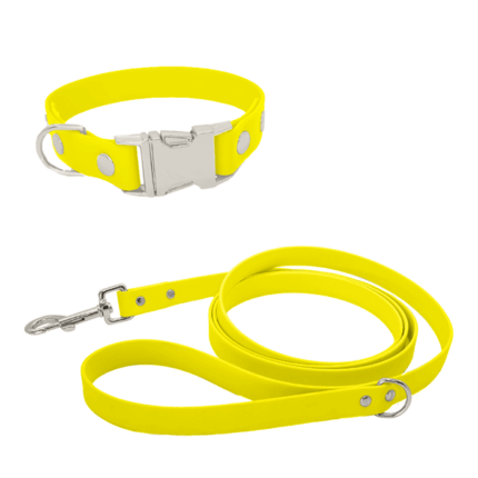Biothane Set mit Leine und Halsband mit Klickverschluss in neon-gelb mit Metallteile in silber
