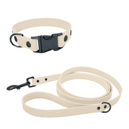 Biothane Set mit Leine und Halsband mit Klickverschluss in weiß mit Metallteile in schwarz