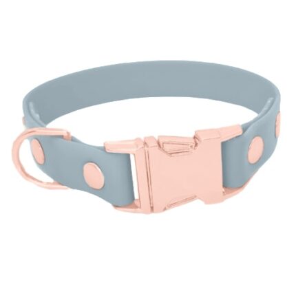 Biothane Halsband mit Klickverschluss in pastellblau mit Metallteile in rosegold