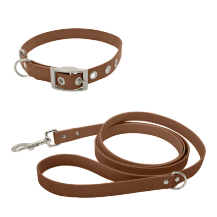 Biothane Set mit Leine und Halsband mit Schnalle in braun mit Metallteile in silber