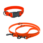 Biothane Set mit Klick-Halsband und verstellbarer Leine in orange mit Metallteile in schwarz