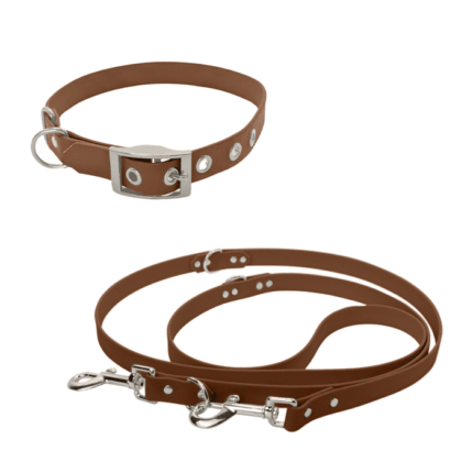 Biothane Set mit Schnallen-Halsband und verstellbarer Leine in braun mit Metallteile in silber