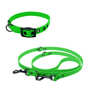 Biothane Set mit Schnallen-Halsband und verstellbarer Leine in neon-grün mit Metallteile in schwarz