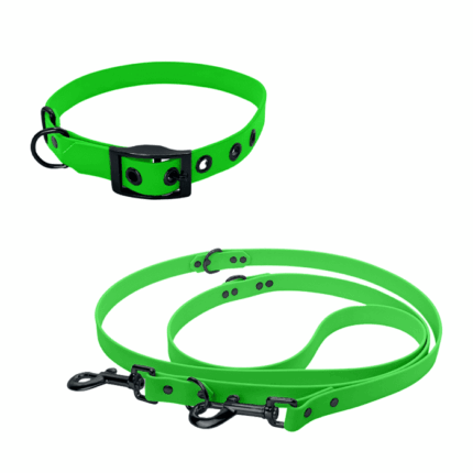 Biothane Set mit Schnallen-Halsband und verstellbarer Leine in neon-grün mit Metallteile in schwarz
