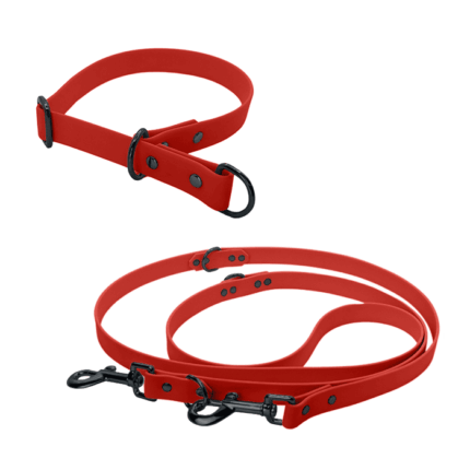 Biothane Set mit Zugstopp-Halsband und verstellbarer Leine in rot mit Metallteile in schwarz