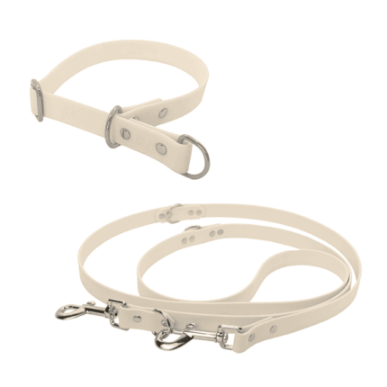 Biothane Set mit Zugstopp-Halsband und verstellbarer Leine in weiß mit Metallteile in silber