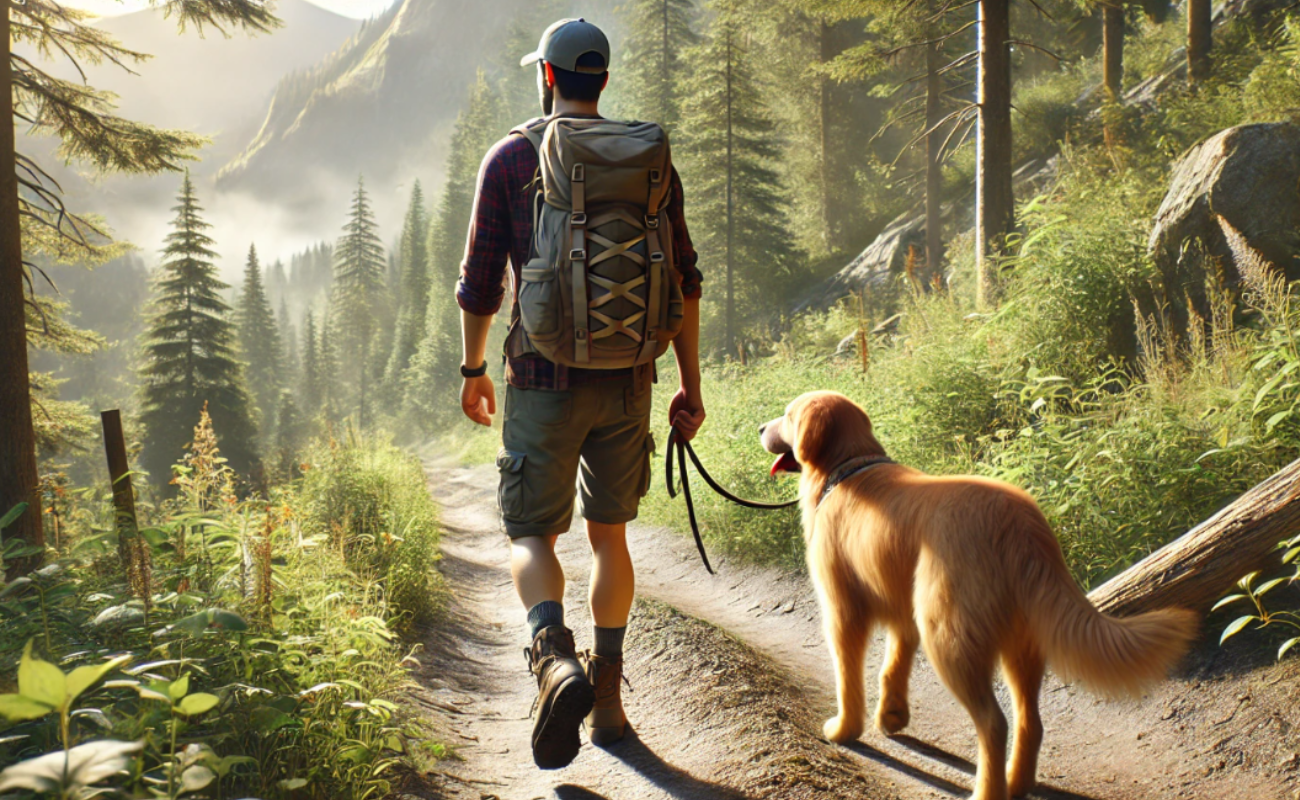 Mann wandert mit Hund