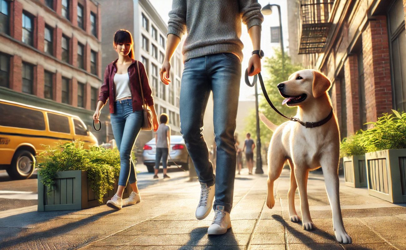 Mann spaziert mit Hund