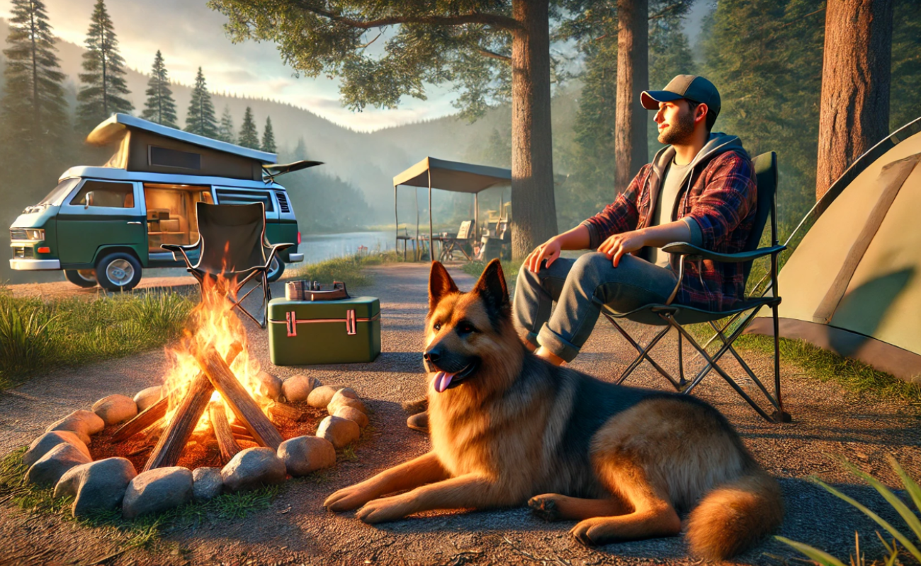 Mann mit Hund beim Camping