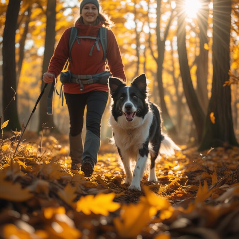 Eine Frau wandert mit Hund im Herbst im Wald.