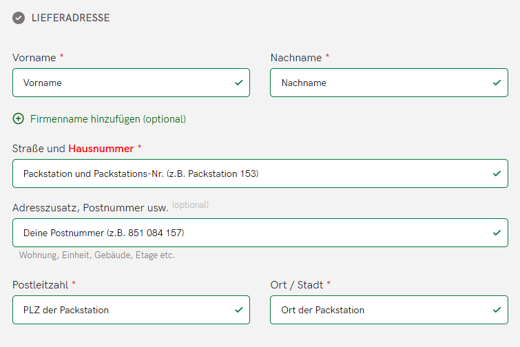Anleitung zum Ausfüllen des Bestellformulars für Lieferungen an eine Packstation