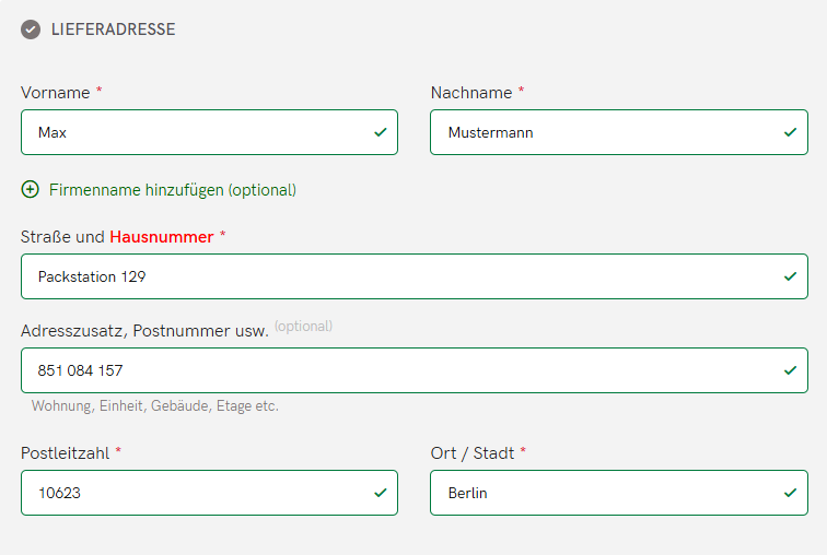 Beispiel zum Ausfüllen des Bestellformulars für Lieferungen an eine Packstation