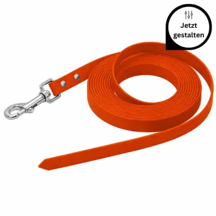 Biothane Schleppleine ohne Schlaufe in neon-orange mit Jetzt-gestalten-Badge