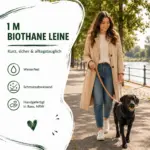 Kurze braune 1m Biothane Leine im Alltagseinsatz beim Spaziergang im Park mit einem Labrador