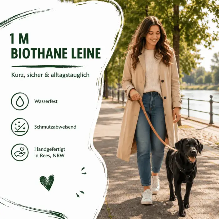 Kurze braune 1m Biothane Leine im Alltagseinsatz beim Spaziergang im Park mit einem Labrador