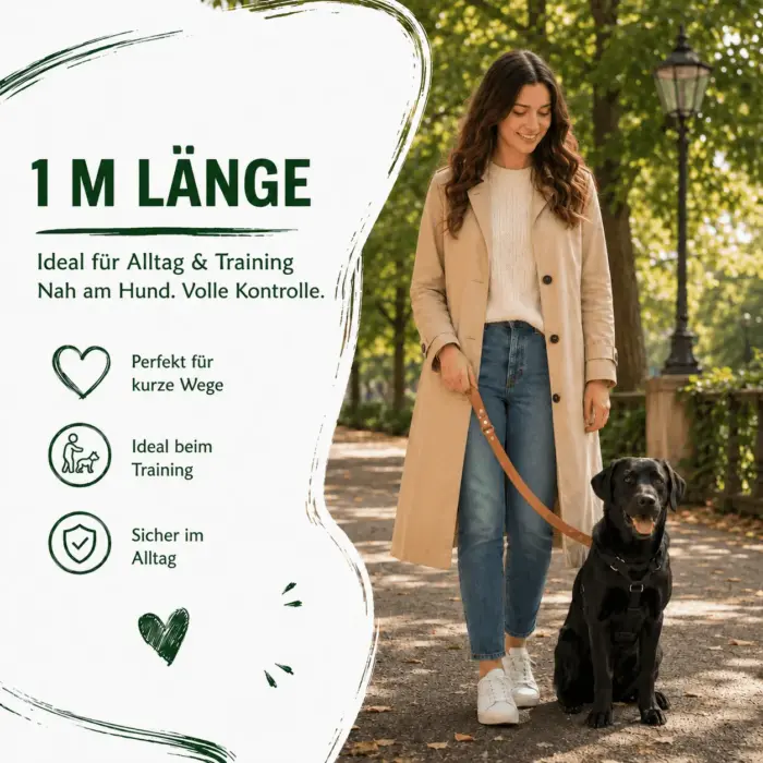 Frau geht mit Hund an einer kurzen braunen 1m Biothane Führleine spazieren