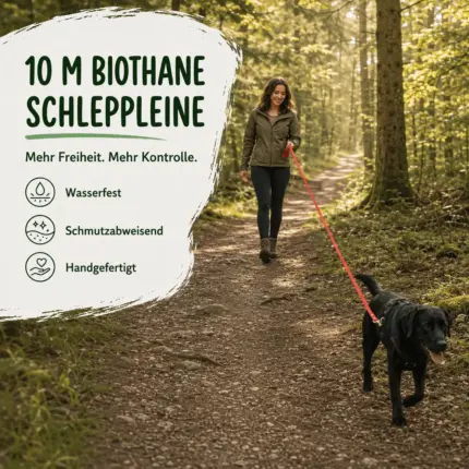 Frau führt Hund an einer orangefarbenen 10m Biothane Schleppleine auf einem Waldweg