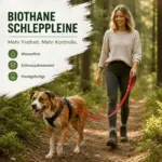 Hund läuft an einer roten Biothane Schleppleine beim Training im Wald vor seiner Halterin