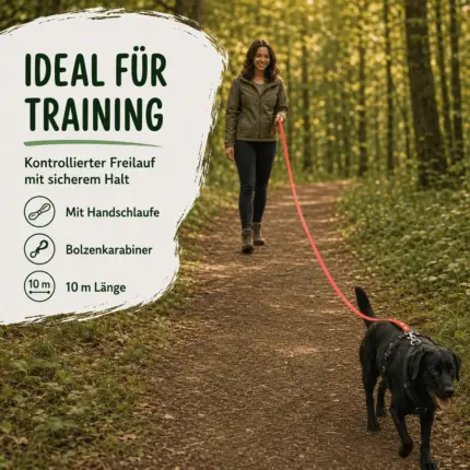 Hundetrainerin nutzt eine lange Biothane Schleppleine für kontrollierten Freilauf auf dem Waldweg