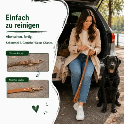 Vorher-Nachher-Vergleich einer schmutzigen und leicht zu reinigenden Biothane Leine