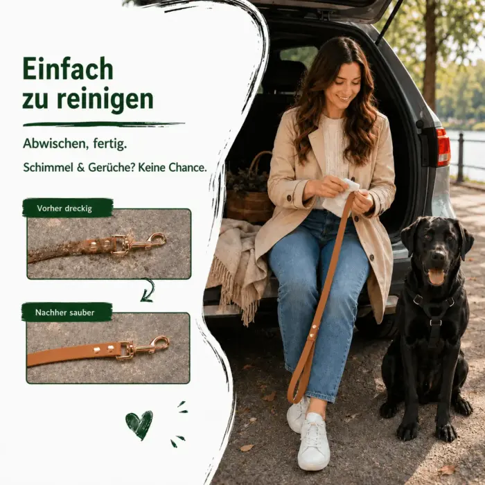 Vorher-Nachher-Vergleich einer schmutzigen und leicht zu reinigenden Biothane Leine