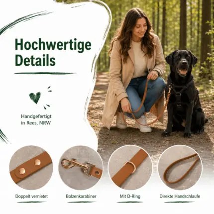 Detailansicht der hochwertigen Messing-Beschläge und Karabiner einer braunen Biothane Hundeleine