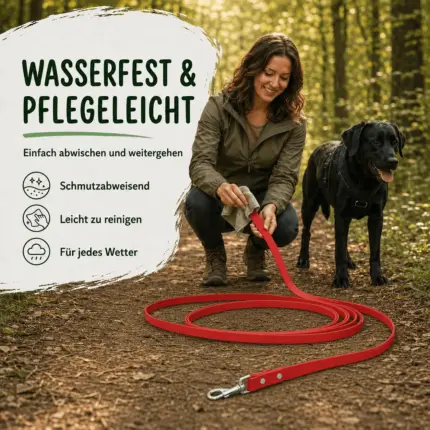 Lange rote Biothane Leine liegt ausgerollt auf einem nassen Waldweg neben einem schwarzen Hund
