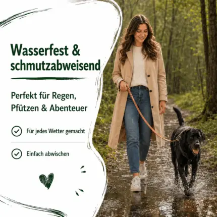 Wasserfeste braune Biothane Leine beim Spaziergang mit Hund durch eine Pfütze im Wald