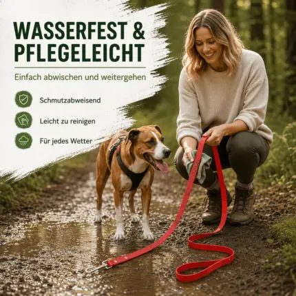 Frau wischt schmutzabweisende rote Biothane Leine auf matschigem Waldweg mit Tuch ab